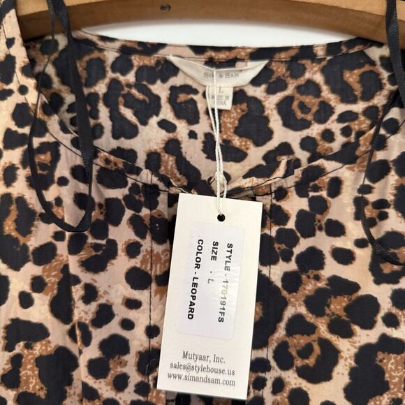 Sim & Sam Leopard Print Babydoll Peplum Tie Front Long Puff Sleeve Boho Top NWT - Picture 4 of 6
